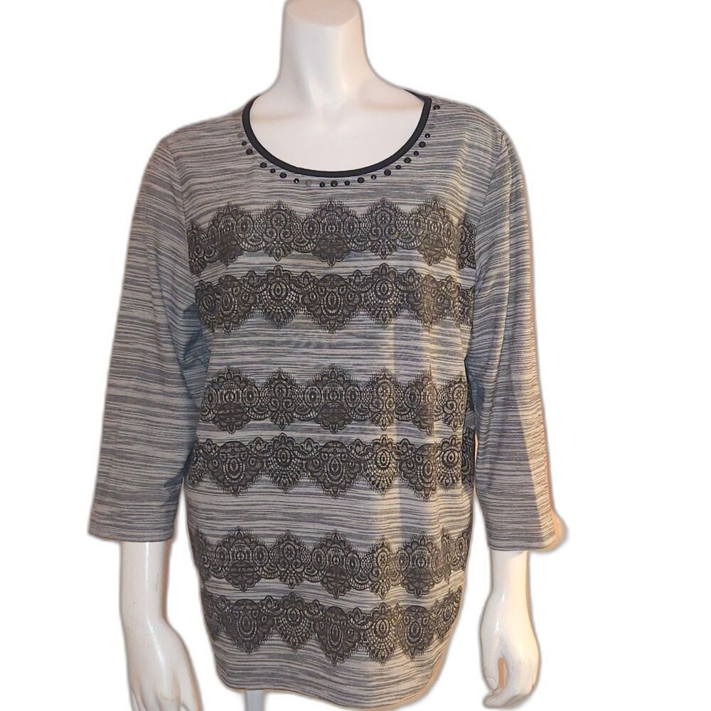 Alfred Dunner Gray Black 3/4 Length Sleeves Lace Detail Top Womens Size Medium